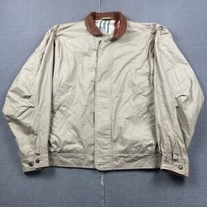 Vintage Izod Jacket Mens Large Beige By Swing Leather Collar Stripe Lined Preppy